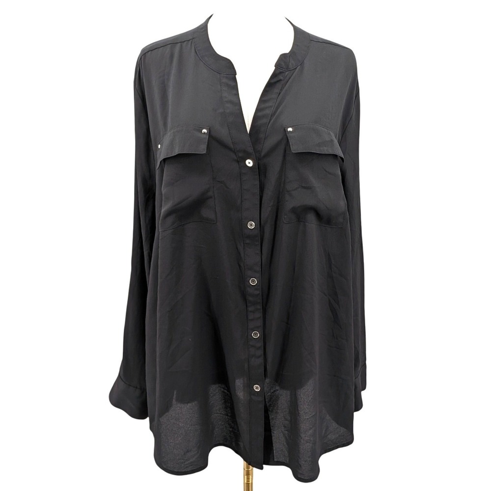 Black Sheer Button Front Tunic Blouse Utility Pockets Motherhood Maternity 1X